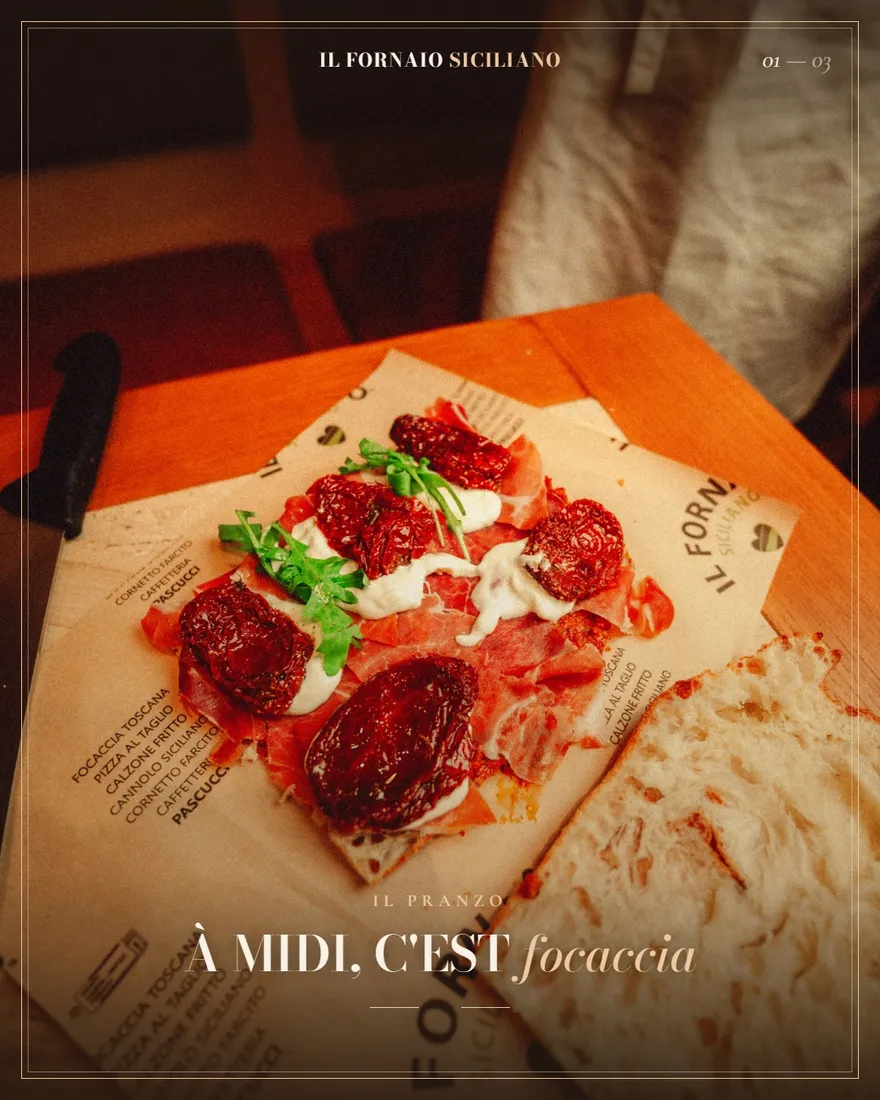 Carrousel Instagram « À midi, c’est focaccia » produit pour Il Fornaio Siciliano.