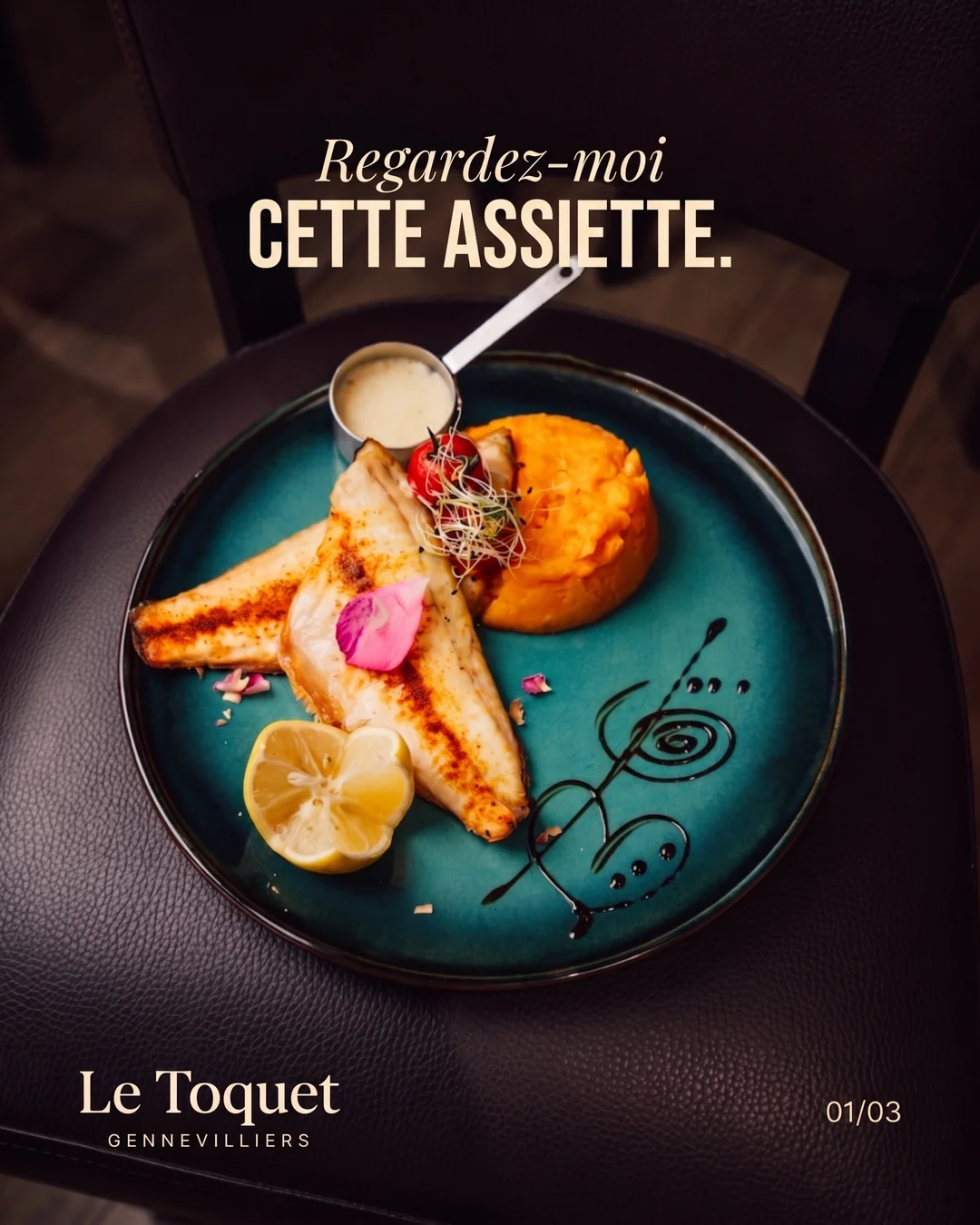 Création Le Toquet : Regardez-moi cette assiette, filet de poisson et purée sur une assiette bleue