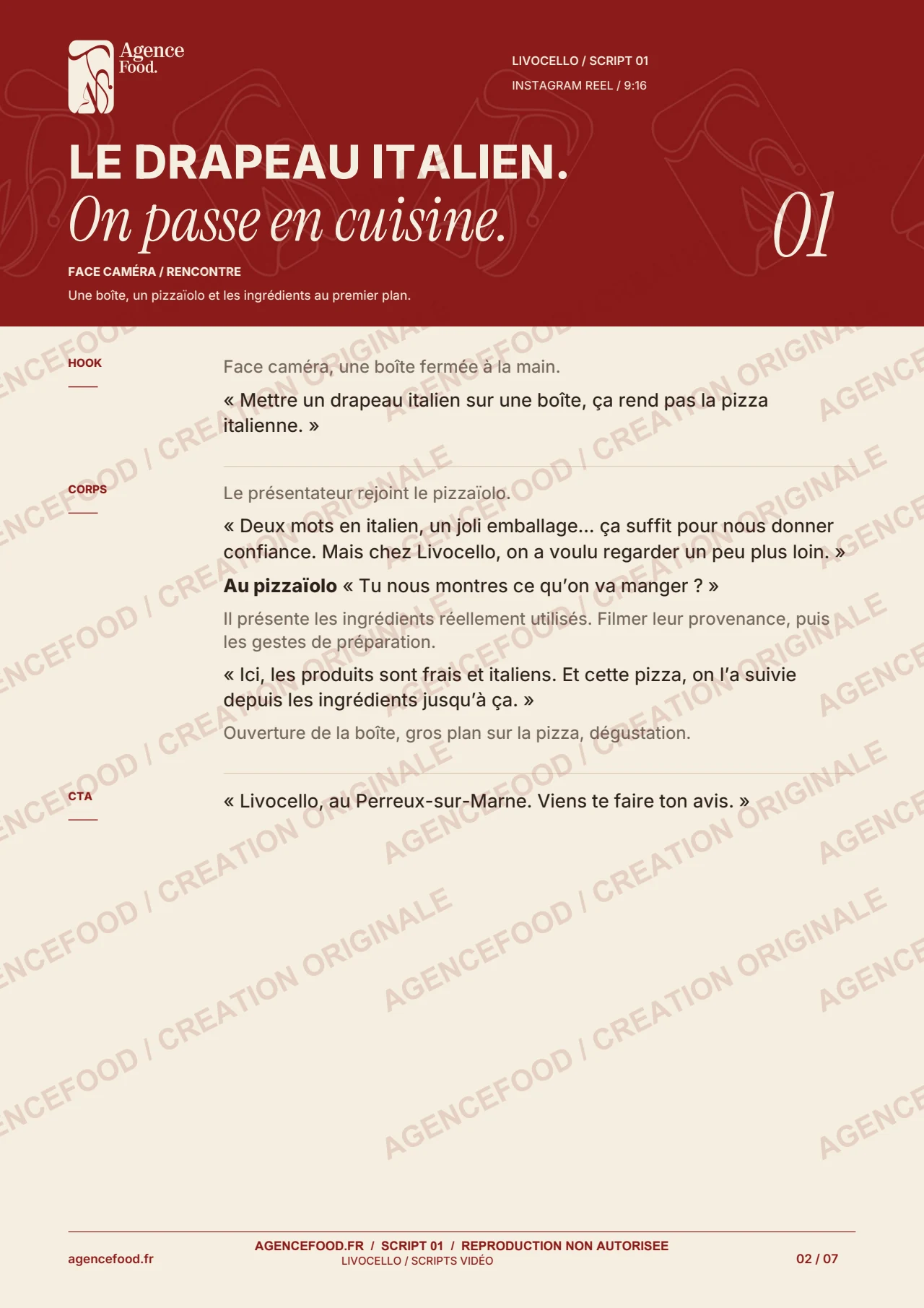 Script 1 : Le drapeau italien. Document de création AgenceFood avec filigranes.