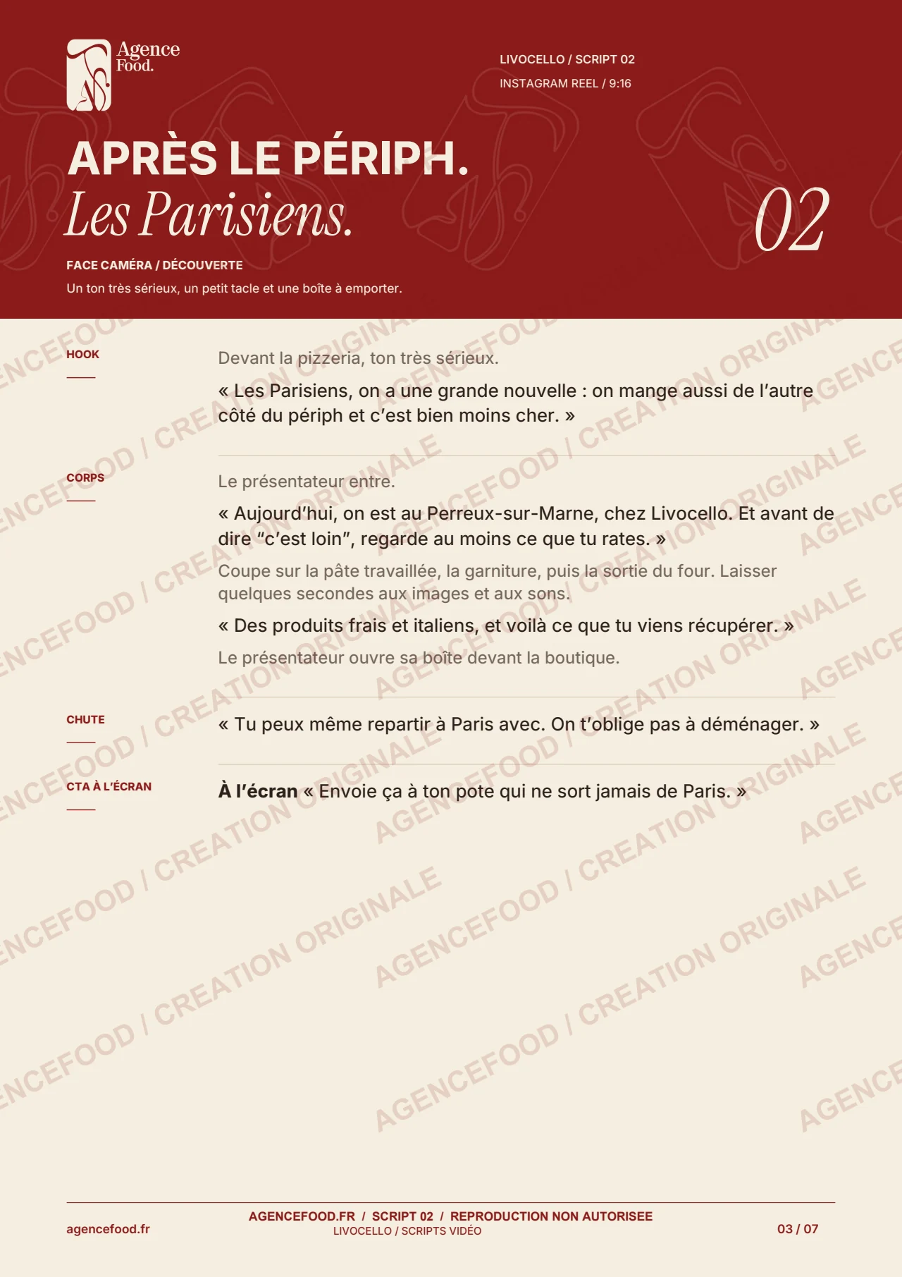 Script 2 : Après le périph. Document de création AgenceFood avec filigranes.
