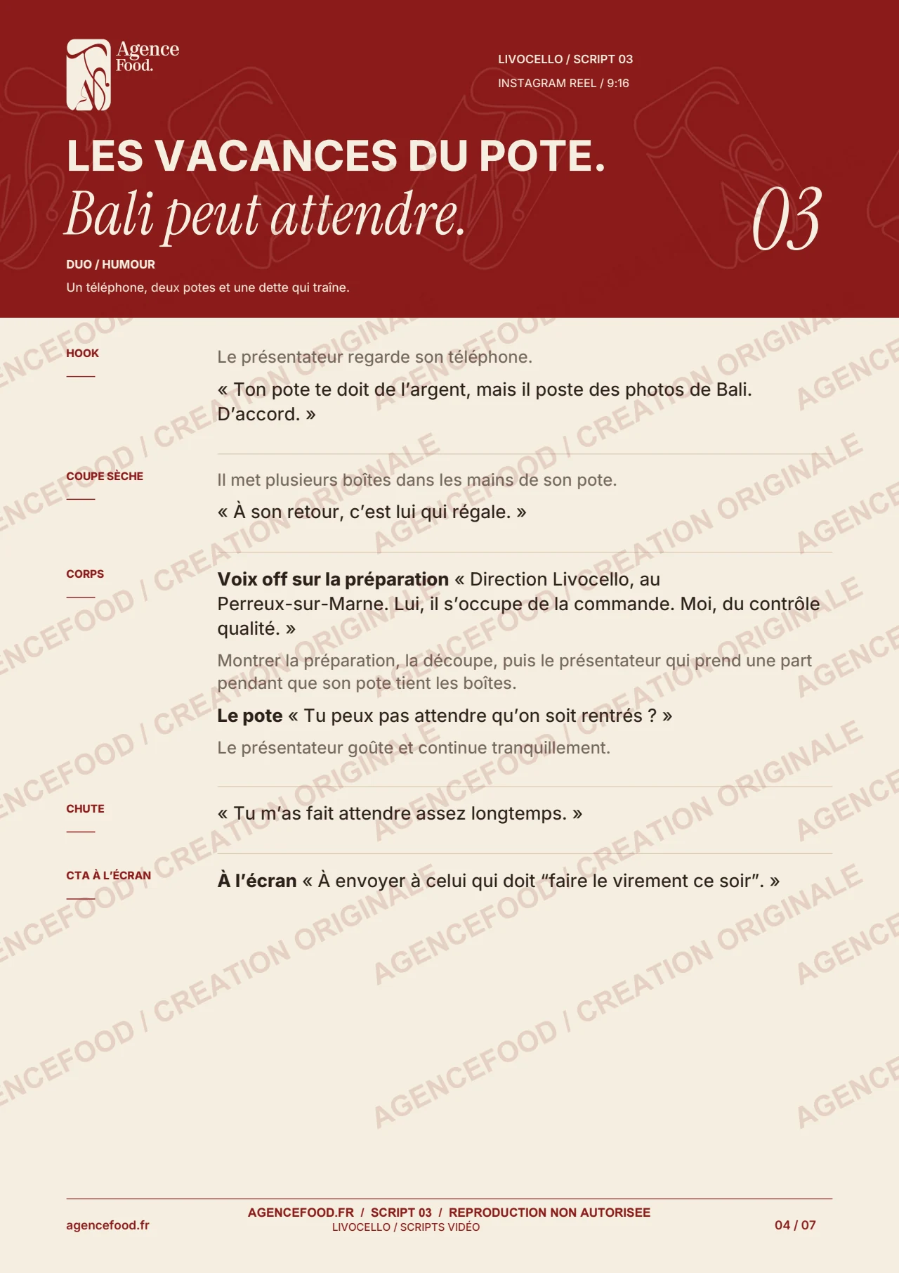 Script 3 : Les vacances du pote. Document de création AgenceFood avec filigranes.