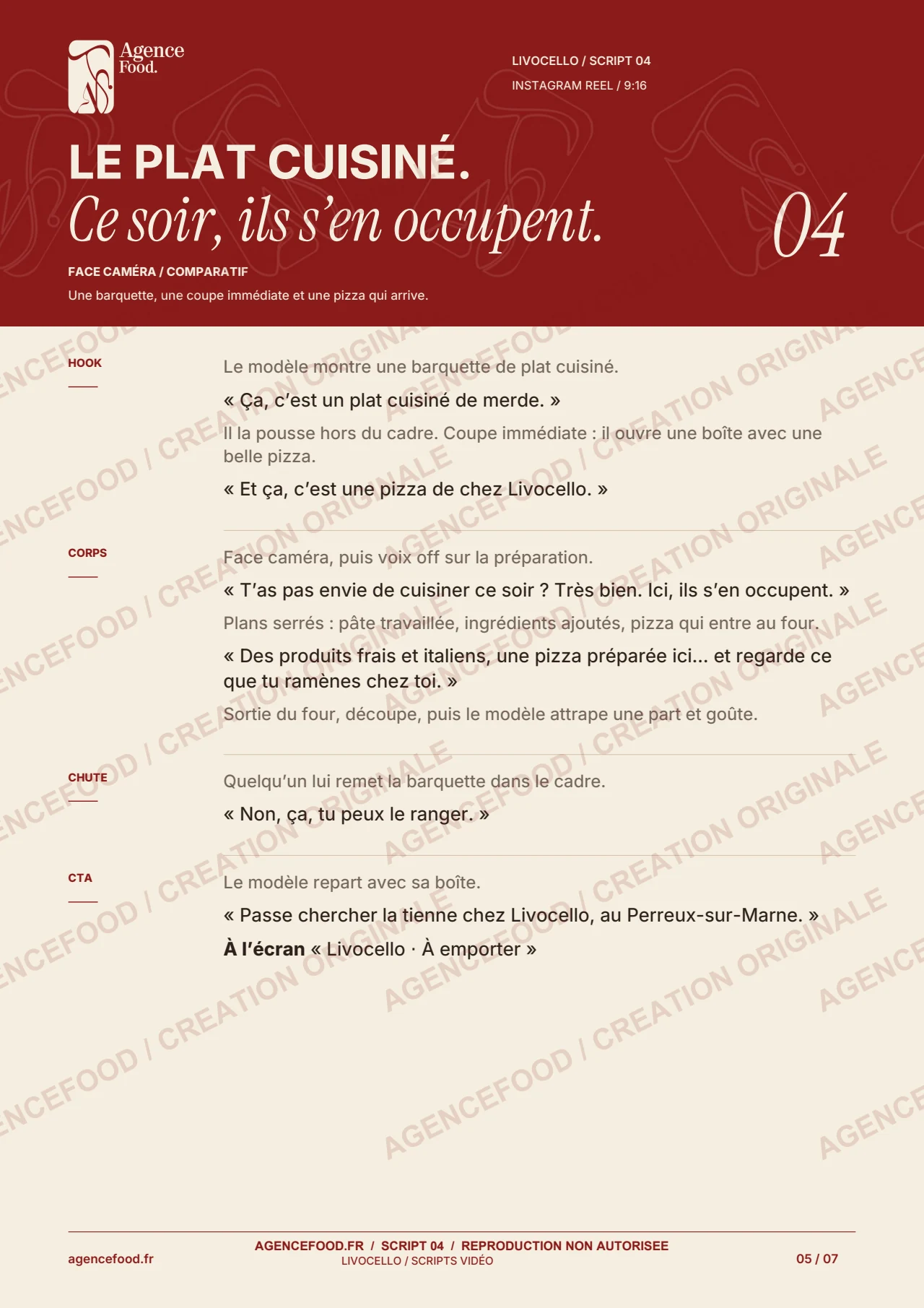 Script 4 : Le plat cuisiné. Document de création AgenceFood avec filigranes.
