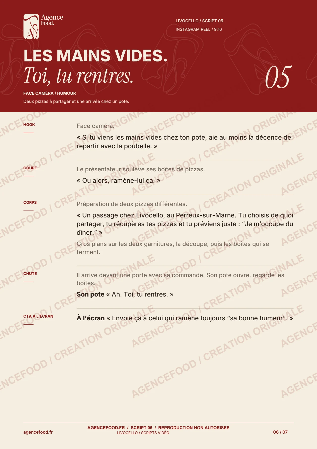 Script 5 : Les mains vides. Document de création AgenceFood avec filigranes.