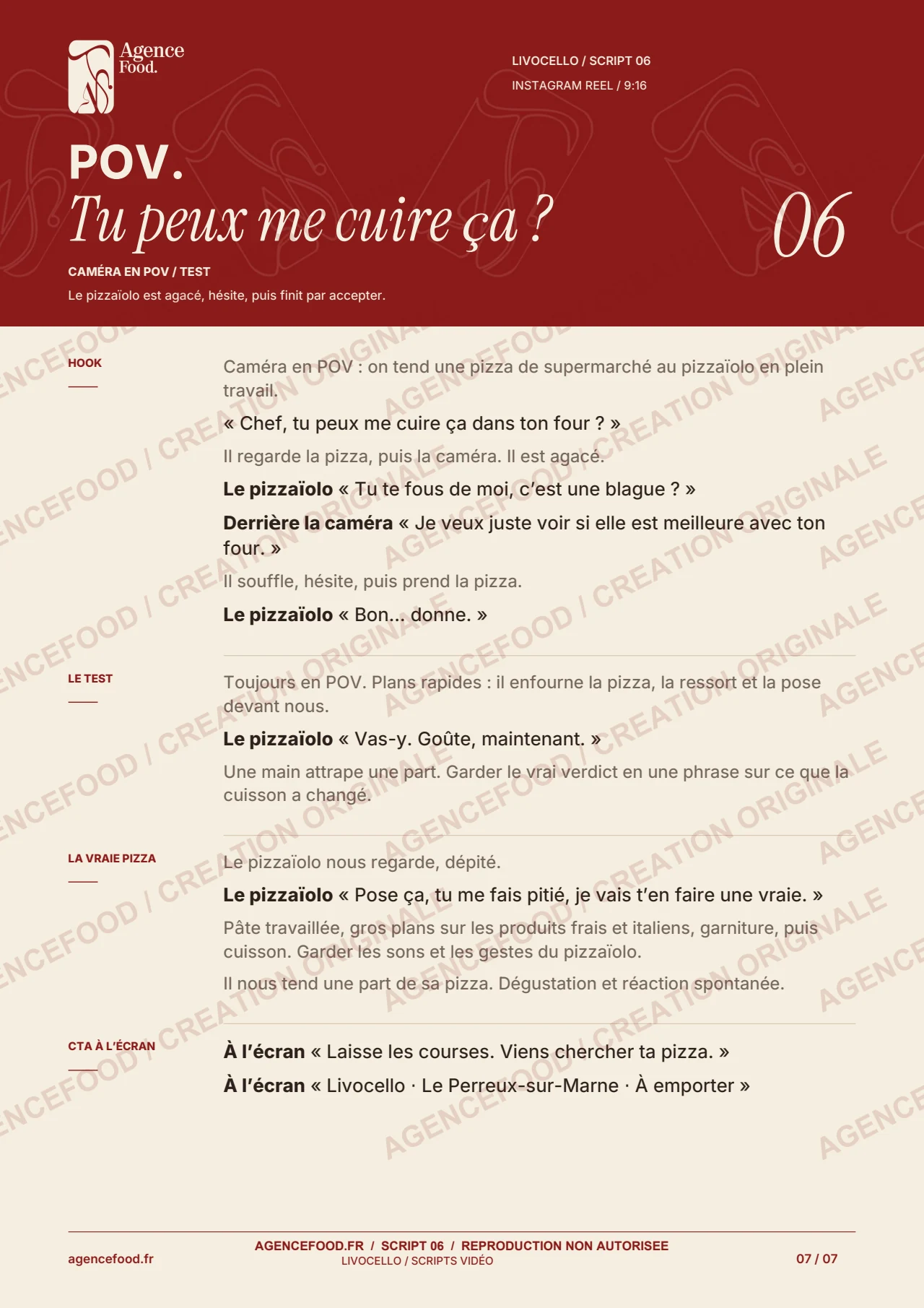 Script 6 : Tu peux me cuire ça ?. Document de création AgenceFood avec filigranes.